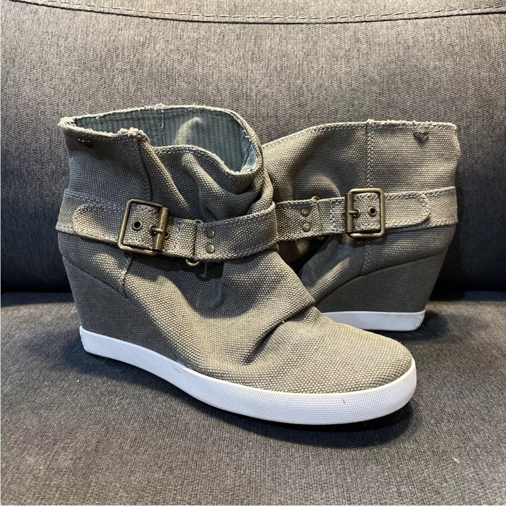 ROXY Gretta Womens wedgie BOOTS SHOE Size 8.5 grey khaki green slouchy